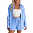 thumbnail image 1 of QIYAGBSA 2 Piece Outfits for Women Striped Button Down Long Sleeve Shirt and Drawstring Shorts Set Summer Matching Set (Blue, 2XL), 1 of 7