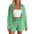 thumbnail image 1 of QIYAGBSA 2 Piece Outfits for Women Striped Button Down Long Sleeve Shirt and Drawstring Shorts Set Summer Matching Set (Green, L), 1 of 8