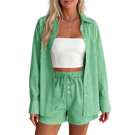 QIYAGBSA 2 Piece Outfits for Women Striped Button Down Long Sleeve Shirt and Drawstring Shorts Set Summer Matching Set (Green, L)