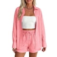 thumbnail image 1 of QIYAGBSA 2 Piece Outfits for Women Striped Button Down Long Sleeve Shirt and Drawstring Shorts Set Summer Matching Set (Pink, 2XL), 1 of 8
