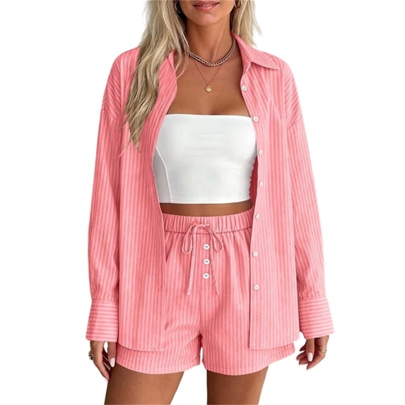 QIYAGBSA 2 Piece Outfits for Women Striped Button Down Long Sleeve Shirt and Drawstring Shorts Set Summer Matching Set (Pink, 2XL)