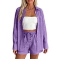thumbnail image 1 of QIYAGBSA 2 Piece Outfits for Women Striped Button Down Long Sleeve Shirt and Drawstring Shorts Set Summer Matching Set (Purple, XL), 1 of 8