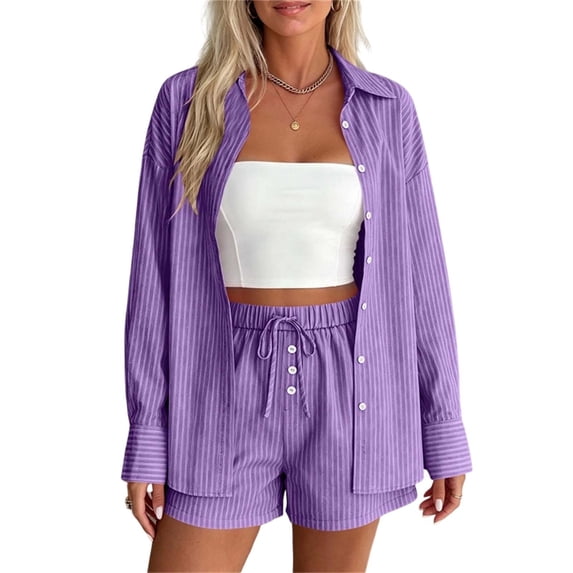 QIYAGBSA 2 Piece Outfits for Women Striped Button Down Long Sleeve Shirt and Drawstring Shorts Set Summer Matching Set (Purple, XL)