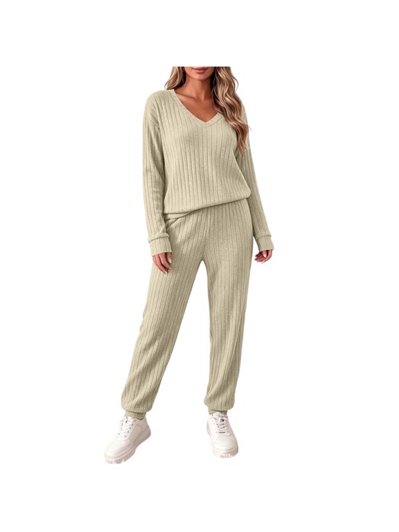 2 Piece Outfits for Women V Neck Ribbed Knit Long Sleeve Top and Jogger Pants Set Elastic Waist Pockets Casual Fall Winter Wear