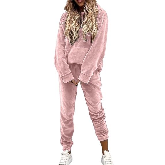 QIYAGBSA 2 Piece Outfits for Women Velour Hooded Pullover and Jogger Pants Set Casual Tracksuit for Sporty Days (Pink, 3XL)