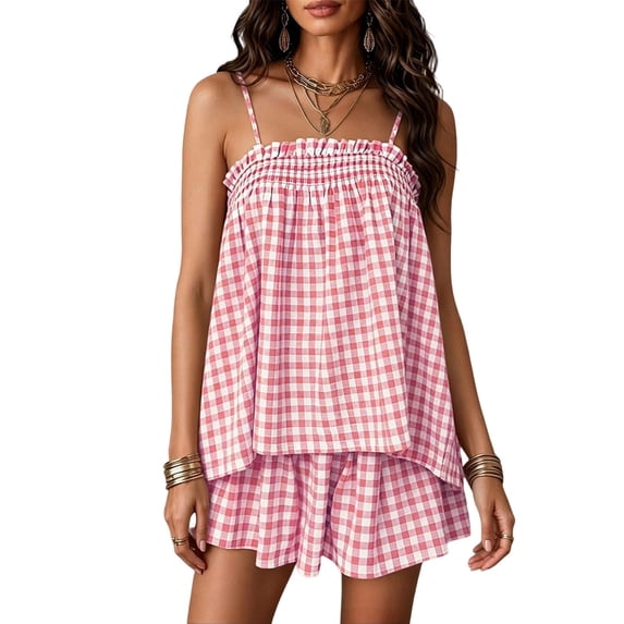 QIYAGBSA 2 Piece Pajama Set for Women Spaghetti Strap Gingham Top and Ruffle Shorts with Pockets Relaxed Fit Summer Sleepwear Loungewear (Pink L)