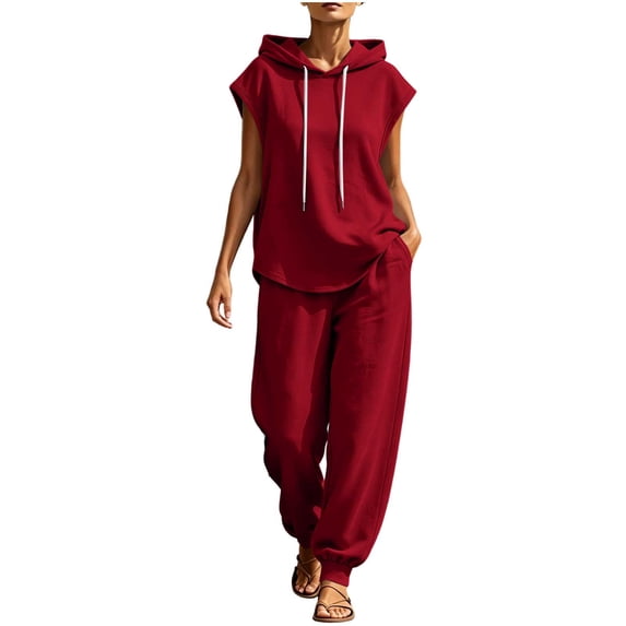 QIYAGBSA 2 Piece Sets for Women with Sleeveless Hooded Top and Jogger Pants Drawstring Waist Pockets Relaxed Fit Summer Gym Workout Daily Wear (Red M)