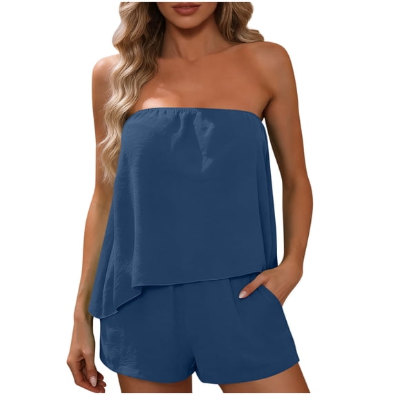 QIYAGBSA 2 Piece Sets for Women Strapless Top and Shorts with Pockets Relaxed Fit Summer Vacation Outfit (Navy M)