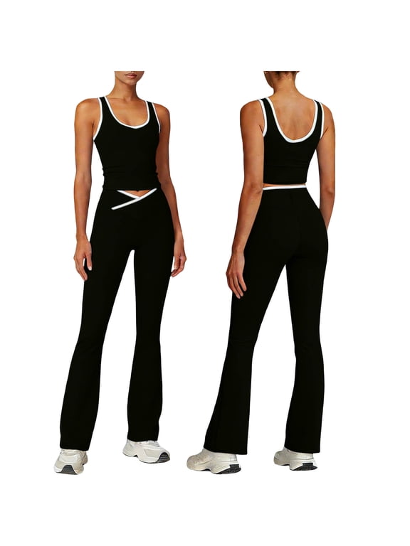 2 Piece Sets for Women V Neck Crop Top and Flared Yoga Pants with Crisscross Waist Athletic Workout Gym Summer (Black 2XL)