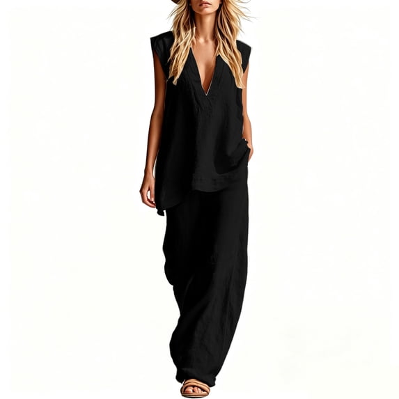 QIYAGBSA 2 Piece Sets for Women V Neck Sleeveless Tank Top and Wide Leg Pants with Pockets Relaxed Fit Summer Vacation Resort Outfit (Black 2XL)