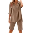 thumbnail image 1 of QIYAGBSA 2 Piece Sets for Women with 3/4 Sleeve Notched Neck Top and Bermuda Shorts Relaxed Fit Summer Vacation Outfit (Khaki S), 1 of 3