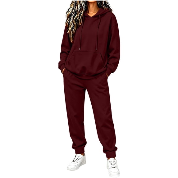 QIYAGBSA 2 Piece Sweatsuit Matching Set for Women Hoodie Sweatpants Drawstring Hood Kangaroo Pocket Ribbed Cuffs Jogger Pants Elastic Waist for Casual Wear