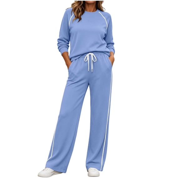 QIYAGBSA 2 Piece Sweatsuit for Women Crew Neck Long Sleeve Pullover Top Contrast Piping Side Stripe Wide Leg Pants Drawstring Waist Pockets for Casual Wear