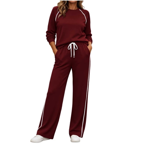QIYAGBSA 2 Piece Sweatsuit for Women Crew Neck Long Sleeve Pullover Top Contrast Piping Side Stripe Wide Leg Pants Drawstring Waist Pockets for Casual Wear