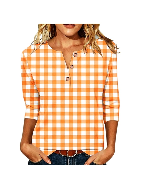 3/4 Sleeve Tops for Women Gingham Check Button Front Relaxed Fit Casual Blouse for Fall (Orange, S)