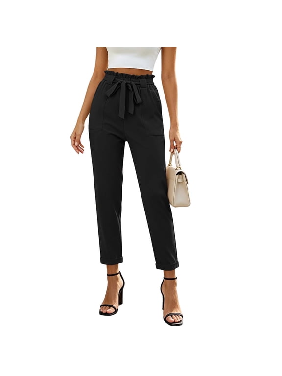 Ankle Pants for Women Elastic Paperbag Waist Tie Belt Front Pockets Cuffed Hem Cropped Length Casual Trousers for Everyday Wear and Relaxed Outings