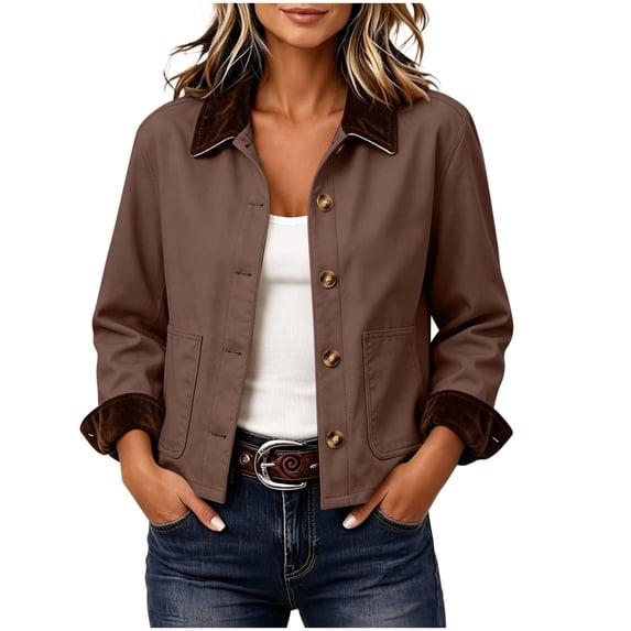 QIYAGBSA Barn Jacket for Women Contrast Corduroy Collar Button Down Cropped Long Sleeve with Pockets Rolled Cuff for Fall Casual Weekend Wear