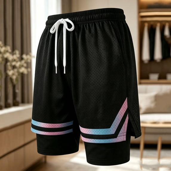 QIYAGBSA Basketball Shorts for Men 2 in 1 Mesh with Compression Liner Drawstring Elastic Waist Side Pockets Dolphin Hem Lightweight Gym Training Summer