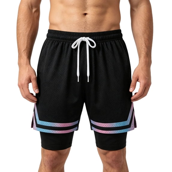 QIYAGBSA Basketball Shorts for Men 2 in 1 Mesh with Compression Liner Drawstring Elastic Waist Side Pockets Dolphin Hem Lightweight Gym Training Summer