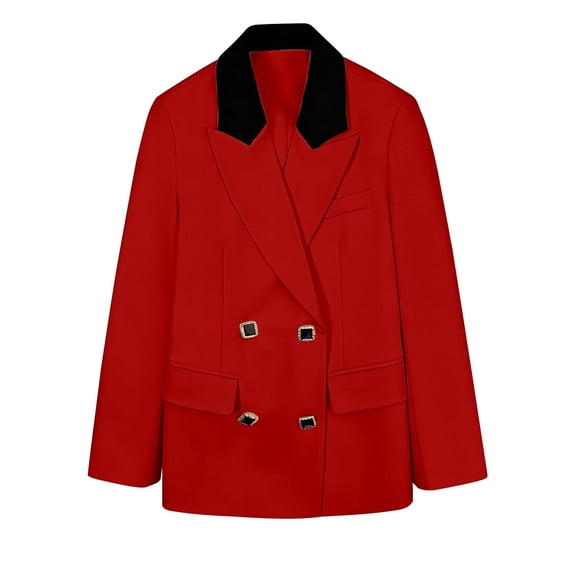 QIYAGBSA Blazer for Women, Double Breasted Contrast Collar Padded Shoulders for Office and Casual