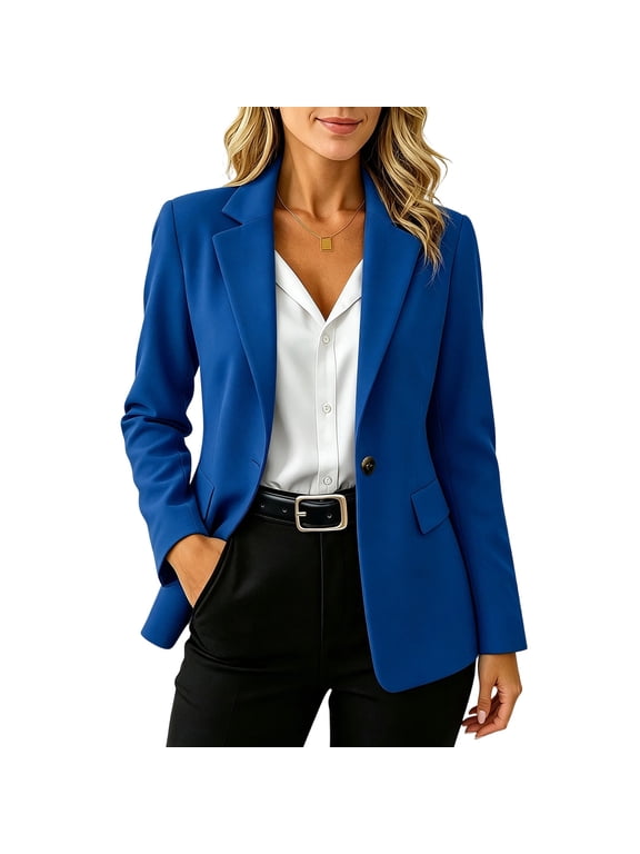 Blazer for Women Long Sleeve Notch Lapel Single Button Stretch Jacket with Flap Pockets Tailored Open Front for Office Work