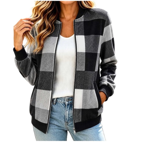 QIYAGBSA Bomber Jackets for Women Plaid Full Zip Short Baseball Collar Long Sleeve with Pockets Warm Tweed Fall Winter Casual Outerwear