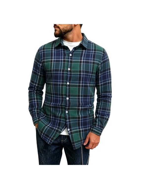 Brushed Plaid Flannel Button Down Shirts for Men Long Sleeve Lightweight Checkered Turn Down Collar Fall Winter Casual Layering Shirt Jacket