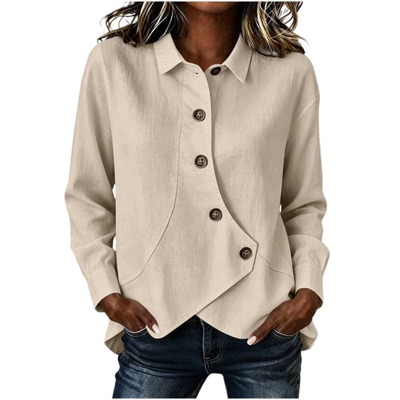 QIYAGBSA Button Down Shirts for Women Asymmetrical Button Placket Long Sleeve Collared Cotton Linen Relaxed Fit Casual Tops (Beige, XL)