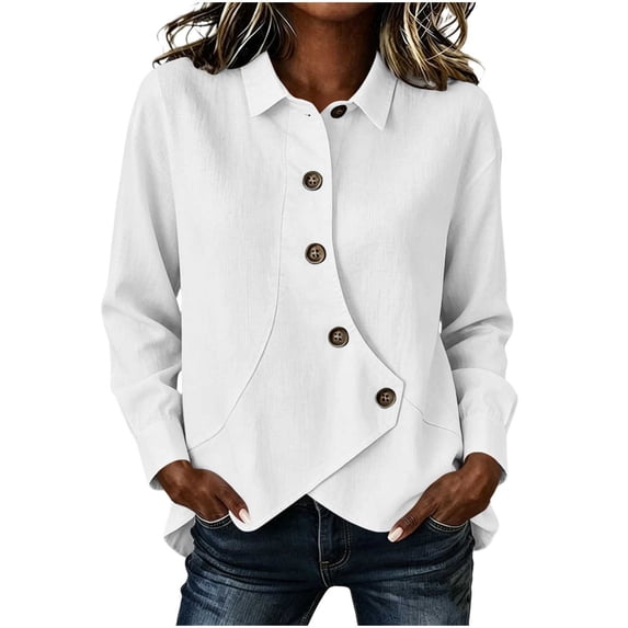 QIYAGBSA Button Down Shirts for Women Asymmetrical Button Placket Long Sleeve Collared Cotton Linen Relaxed Fit Casual Tops (White, M)