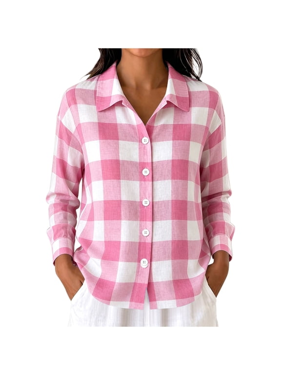 Button Down Shirts for Women Gingham Plaid Long Sleeve Pointed Collar Relaxed Fit Casual Tops for Spring Fall Everyday Wear