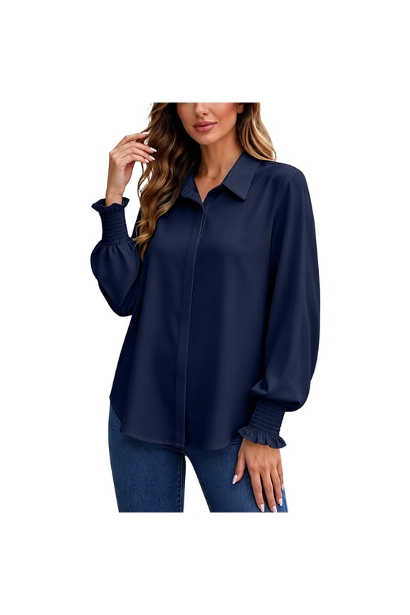 Button Down Shirts for Women Smocked Ruffle Cuffs Long Sleeve Hidden Button Placket Casual Blouse for Fall (Navy, XL)
