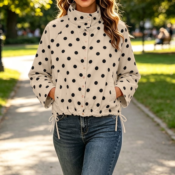 QIYAGBSA Button Down Jackets for Women Soft Polka Dot Stand Collar Drawstring Hem Long Sleeve Lightweight Fall Casual Outerwear with Side Pockets (Khaki, 2XL)