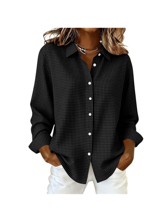 Button Down Shirts for Women Long Sleeve Collared Relaxed Fit Soft Stretch Gingham Casual Top for Office Work Business Casual Date Night (Black, M)
