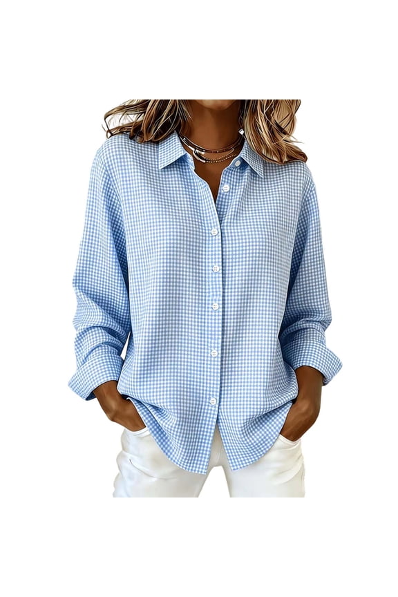 Button Down Shirts for Women Long Sleeve Collared Relaxed Fit Soft Stretch Gingham Casual Top for Office Work Business Casual Date Night (Light Blue, M)