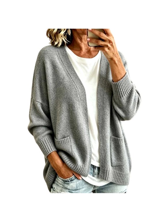 Cardigan Sweaters for Women Open Front Long Sleeve Ribbed Knit with Pockets Solid Color Casual Fall Winter Tops for Cool Days and Weekend Outfits