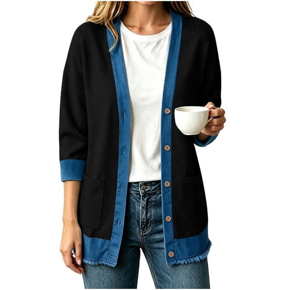 QIYAGBSA Cardigan Sweaters for Women Denim Patchwork Button Down Ribbed Knit Long Sleeve Fall Winter Casual Mid Length Tops with Pockets
