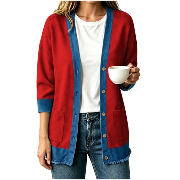 QIYAGBSA Cardigan Sweaters for Women Denim Patchwork Button Down Ribbed Knit Long Sleeve Fall Winter Casual Mid Length Tops with Pockets