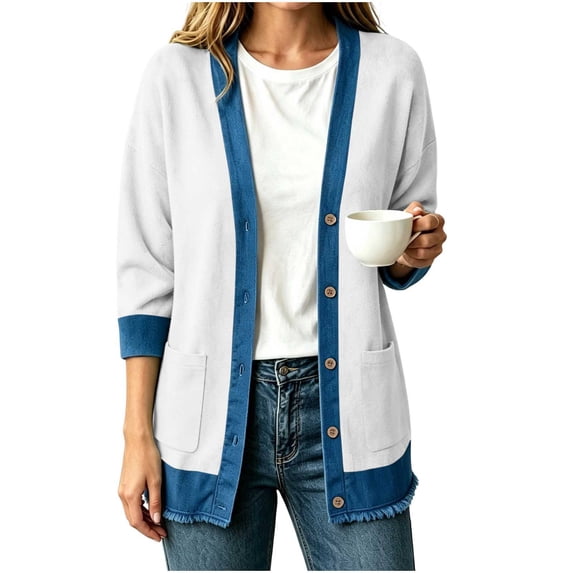 QIYAGBSA Cardigan Sweaters for Women Denim Patchwork Button Down Ribbed Knit Long Sleeve Fall Winter Casual Mid Length Tops with Pockets