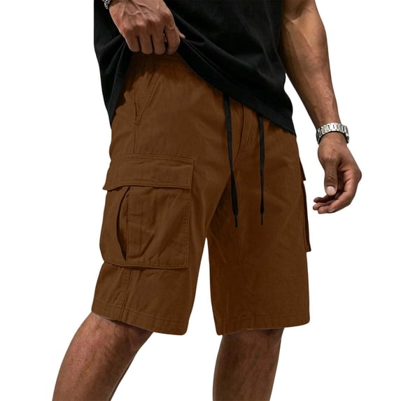 QIYAGBSA Cargo Shorts for Men Cotton Drawstring Elastic Waist with Flap Cargo Pockets Straight Leg Knee Length Outdoor Hiking Walking Summer Casual