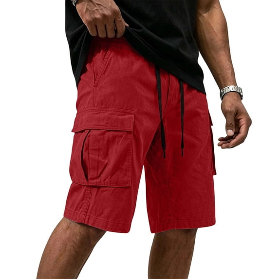 QIYAGBSA Cargo Shorts for Men Cotton Drawstring Elastic Waist with Flap Cargo Pockets Straight Leg Knee Length Outdoor Hiking Walking Summer Casual