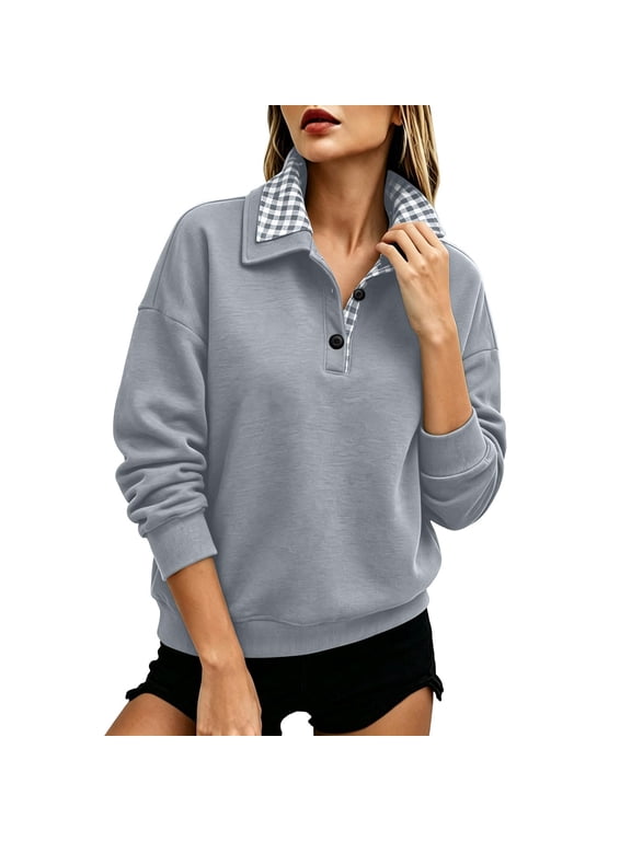 Collared Sweatshirts for Women Oversized Half Button Gingham Collar Drop Shoulder Long Sleeve Ribbed Cuff Hem Fall Winter Casual Pullover Tops