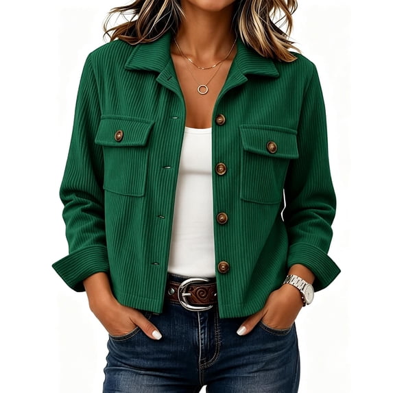 QIYAGBSA Corduroy Jacket for Women Soft Turn Down Lapel Collar Button Down Short Long Sleeve Fall Casual Outerwear Lightweight Warm Layer with Chest Pockets (Green, M)