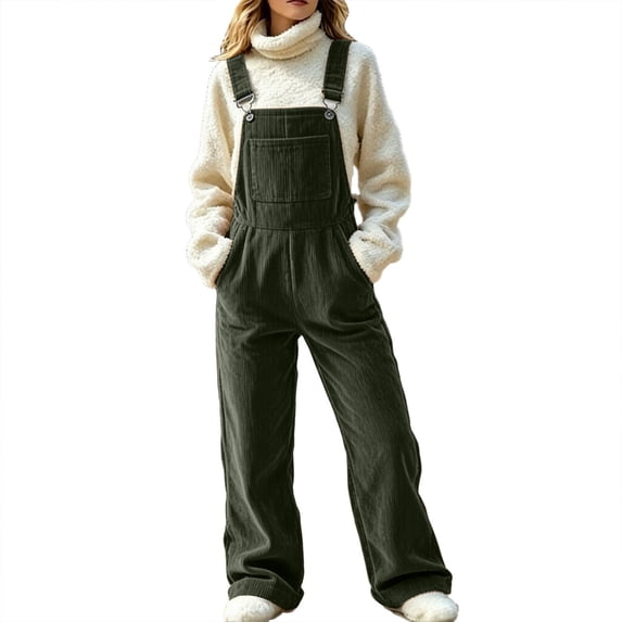 QIYAGBSA Corduroy Overalls for Women Adjustable Straps Wide Leg Pockets Bib Front Jumpsuit Loose Fit Casual Fall Winter Full Length Trousers for Everyday Wear