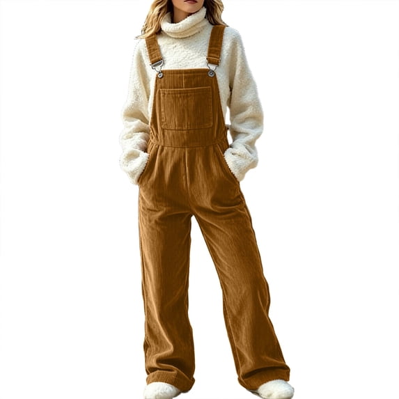 QIYAGBSA Corduroy Overalls for Women Adjustable Straps Wide Leg Pockets Bib Front Jumpsuit Loose Fit Casual Fall Winter Full Length Trousers for Everyday Wear