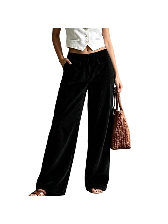 Corduroy Pants for Women Elastic Waist Wide Leg Straight Button Zip Fly Flap Patch Pockets Loose Casual Solid Fall Winter Everyday Trousers Wear