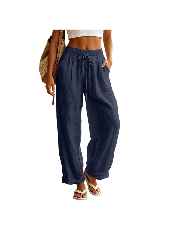 Cotton Linen Pants for Women Wide Leg Drawstring Elastic Waist Loose Fit Casual Trousers with Pockets Cuffed Hem Summer Everyday Wear