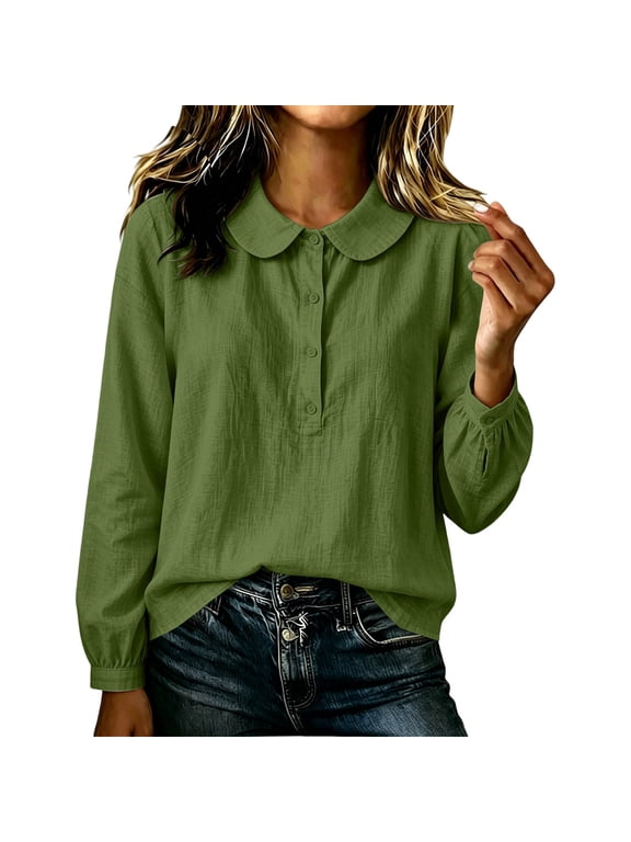 Crinkle Peter Pan Collar Tops for Women, Loose Bubble Long Sleeve Blouse with Half Button, Casual Cotton Linen Top for Spring Fall Office Daily Wear