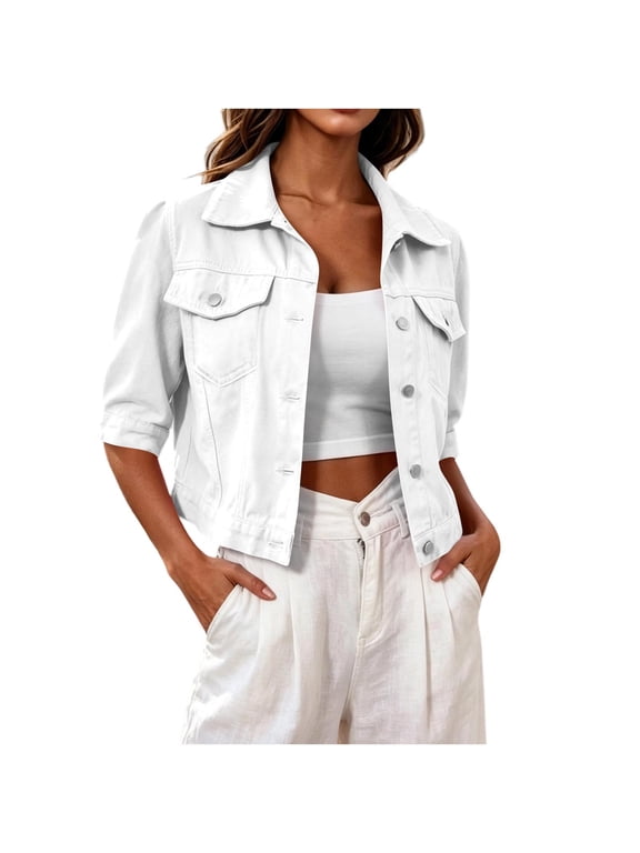 Cropped Denim Jacket for Women 3/4 Sleeve Jean Jacket Button Down Lapel Chest Pockets Soft Spring Fall Cool Morning Commute Weekend Markets
