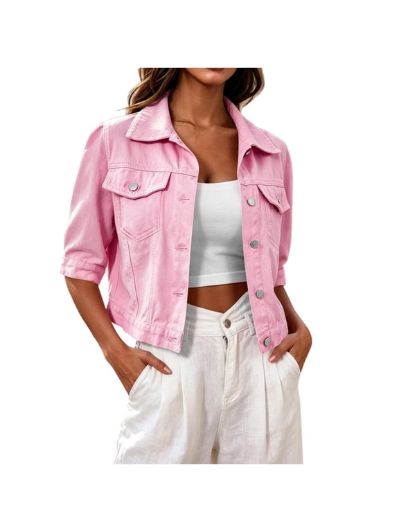 Cropped Denim Jacket for Women 3/4 Sleeve Jean Jacket Button Down Lapel Chest Pockets Soft Spring Fall Cool Morning Commute Weekend Markets