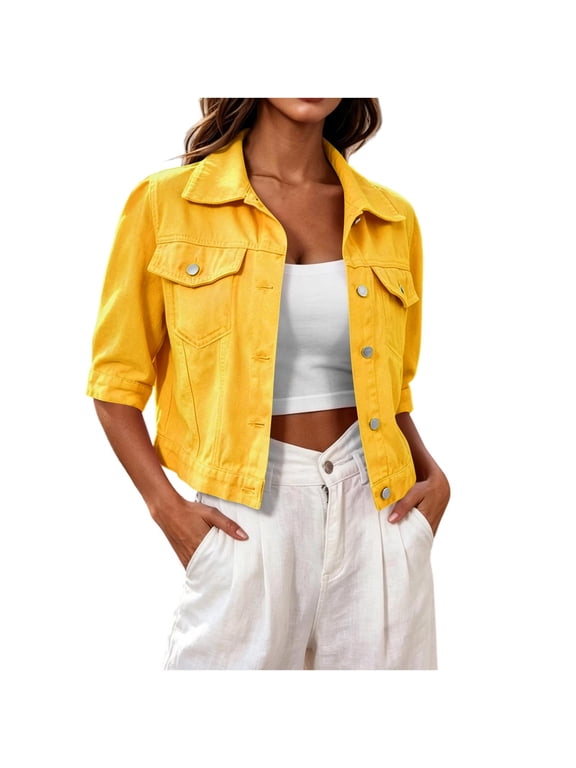 Cropped Denim Jacket for Women 3/4 Sleeve Jean Jacket Button Down Lapel Chest Pockets Soft Spring Fall Cool Morning Commute Weekend Markets